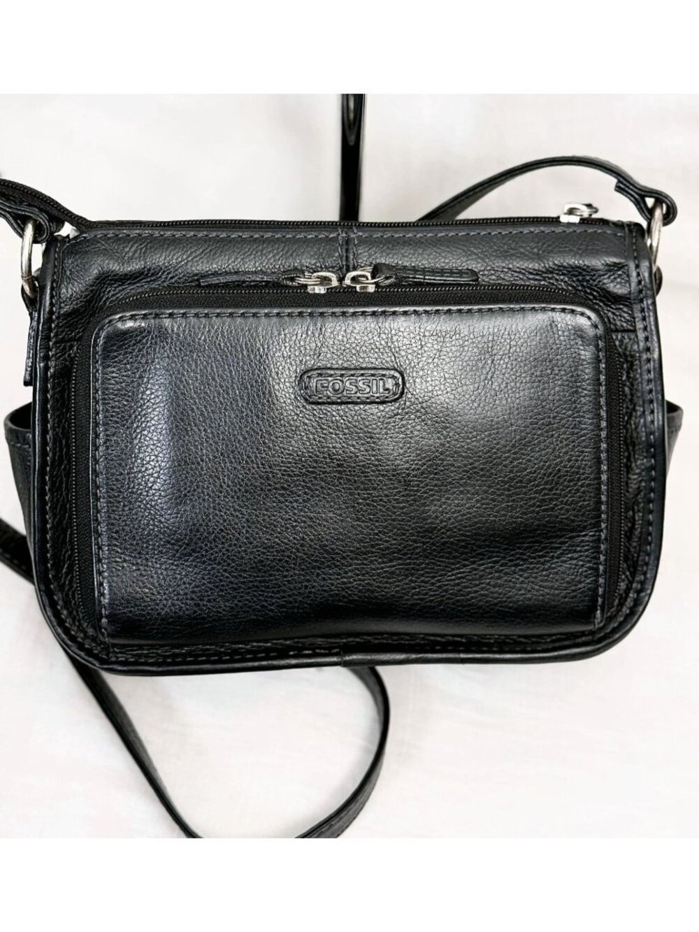Vintage Fossil Black Leather Crossbody Bag Organizer Travel Purse Multi-Pocket